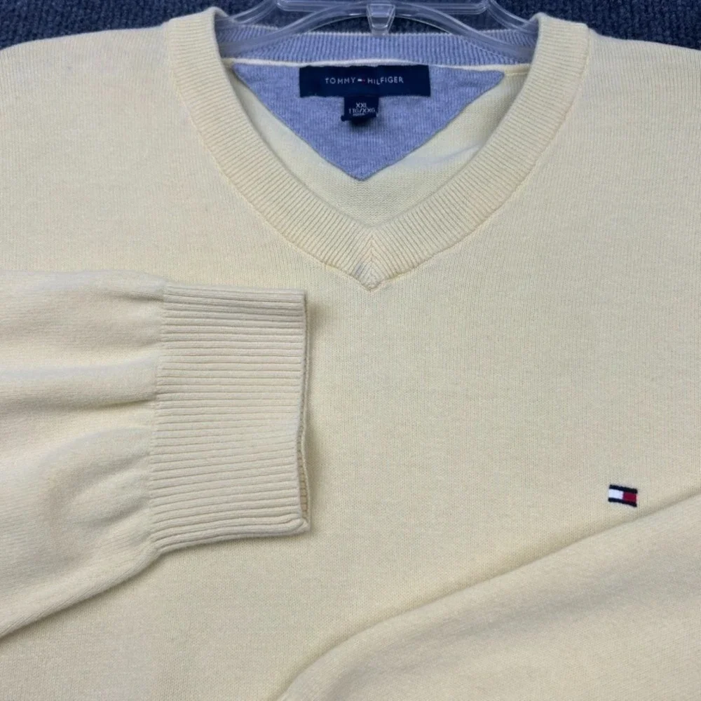TOMMY HILFIGER Men's V-Neck Men's Sweater Long Sleeve Cotton Yellow Preppy 2XL
